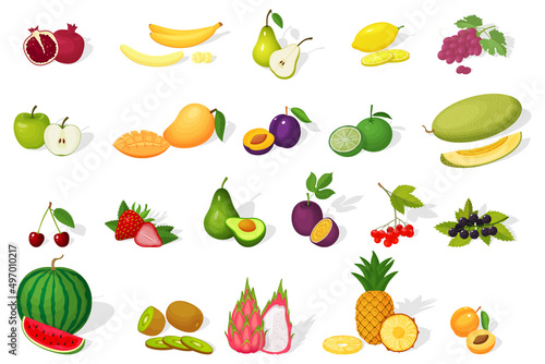 A set of fruits.Colorful cartoon icons of ripe and juicy fruits isolated on a white background.Watermelon,avocado,cherry,lime,petaya,pear,apple,plum,apricot, grape,mango, banana and melon.