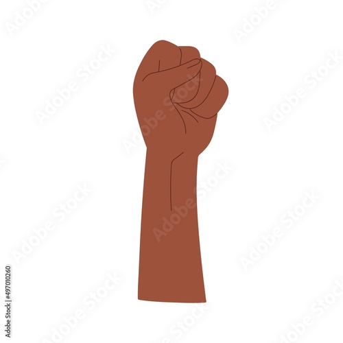 Hand, arm of black person raised up. Clenched fist of African-American activi...