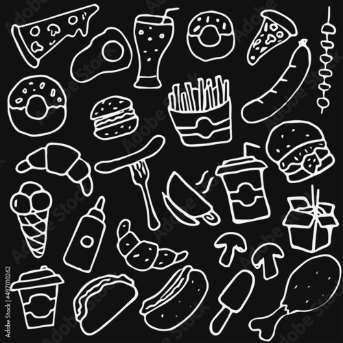 Fast food set icons, fastfood background. Doodle fast food icons. food icons on black background. hand drown vector fast food set icons