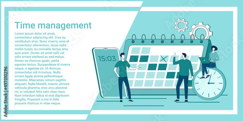 Time management.People on the background of the calendar plan business tasks.An illustration in the style of a green landing page.