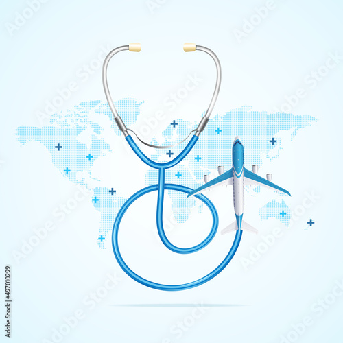 Realistic Detailed 3d Stethoscope and Airplane Medical Travel Concept. Vector