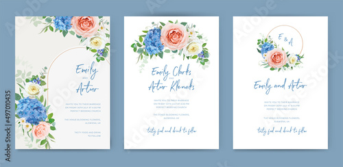 Floral, wedding invite card set. Delicate blue hydrangea, blush peach, yellow...