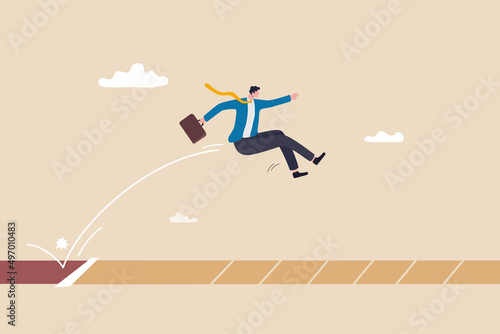 Business challenge, ambition to win competition or better than previous try, effort to achieve target or goal, overcome difficulty concept, businessman with briefcase long jump to winning new record.