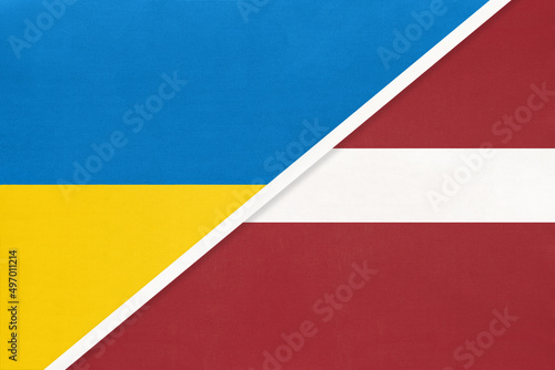 Ukraine and Latvia, symbol of country. Ukrainian vs Latvian national flags.