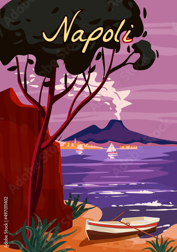 Naples Retro Poster Italia. Mediterranean sea sailboat, smoke volcano Vesuvius, coast, rock. Vector illustration postcard