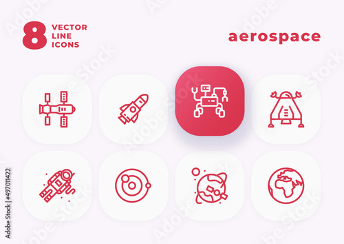 Vector line icon set "aerospace". Icons of aerospace, space travel, robotics, moons and planets.