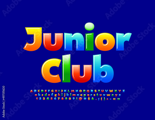 Vector modern Sign Junior Club with Colorful Glossy Font  for Kids. Bright Alphabet Letters and Numbers set