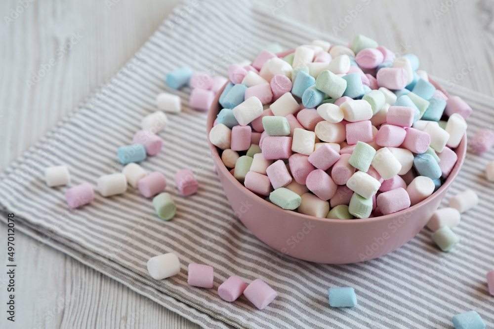 Obraz premium Rainbow Fruity Mini Marshmallows in a Pink Bowl, side view. Copy space.