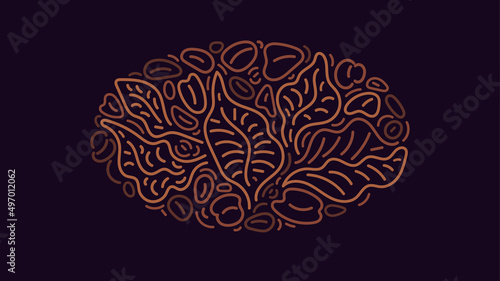 Coffee ethnic label. Vector abstract leaves, beans