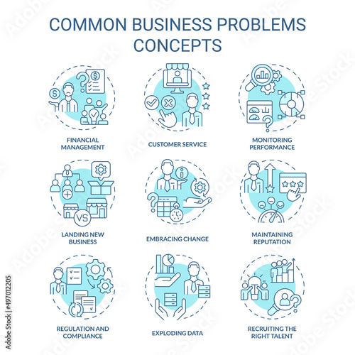 Common business problems turquoise concept icons set. Monitor performance idea thin line color illustrations. Isolated symbols. Editable stroke. Roboto-Medium, Myriad Pro-Bold fonts used