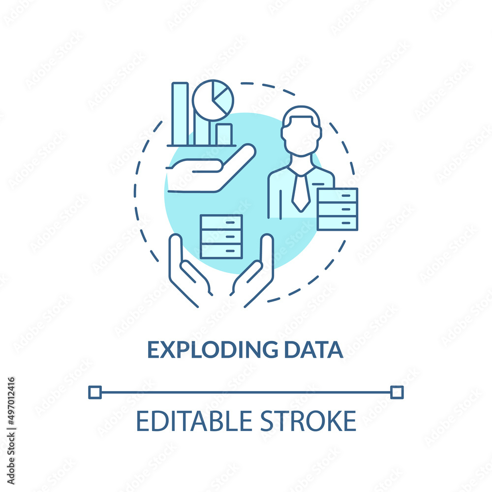 Exploding data turquoise concept icon. Basic problem of startup abstract idea thin line illustration. Structured knowledge. Isolated outline drawing. Editable stroke. Arial, Myriad Pro-Bold fonts used