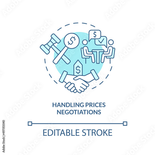 Handling prices negotiations turquoise concept icon. Business sales complication abstract idea thin line illustration. Isolated outline drawing. Editable stroke. Arial, Myriad Pro-Bold fonts used