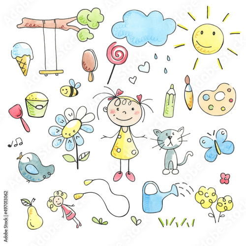 Seamless pattern with childish doodle pattern. Summer vacation.