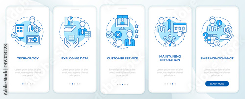 Basic problems of startup blue onboarding mobile app screen. Walkthrough 5 steps graphic instructions pages with linear concepts. UI, UX, GUI template. Myriad Pro-Bold, Regular fonts used