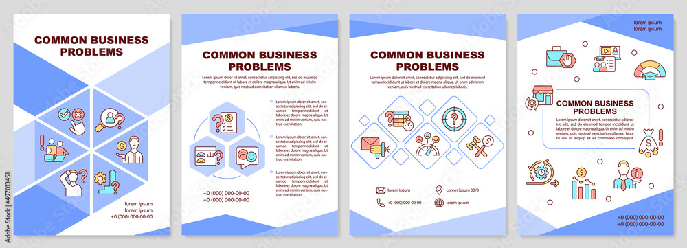 Common business problems blue brochure template. Entrepreneurship. Leaflet design with linear icons. 4 vector layouts for presentation, annual reports. Arial-Black, Myriad Pro-Regular fonts used