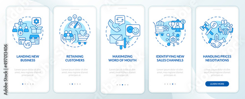Problems in sales management blue onboarding mobile app screen. Walkthrough 5 steps graphic instructions pages with linear concepts. UI, UX, GUI template. Myriad Pro-Bold, Regular fonts used