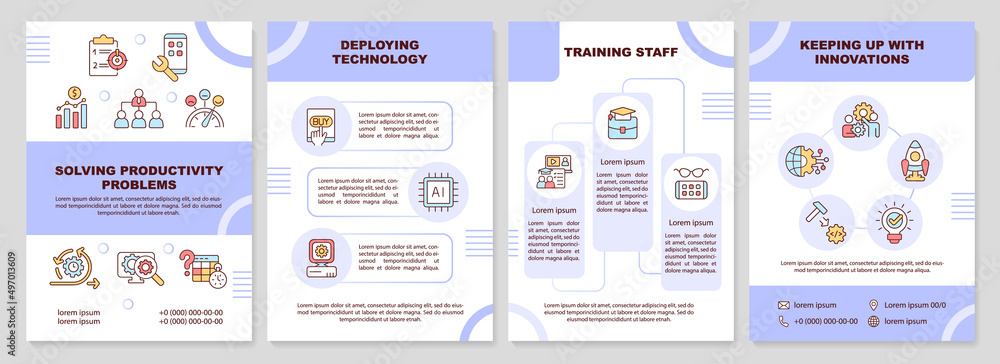 Naklejka premium Employee problems management purple brochure template. Training staff. Leaflet design with linear icons. 4 vector layouts for presentation, annual reports. Arial-Black, Myriad Pro-Regular fonts used