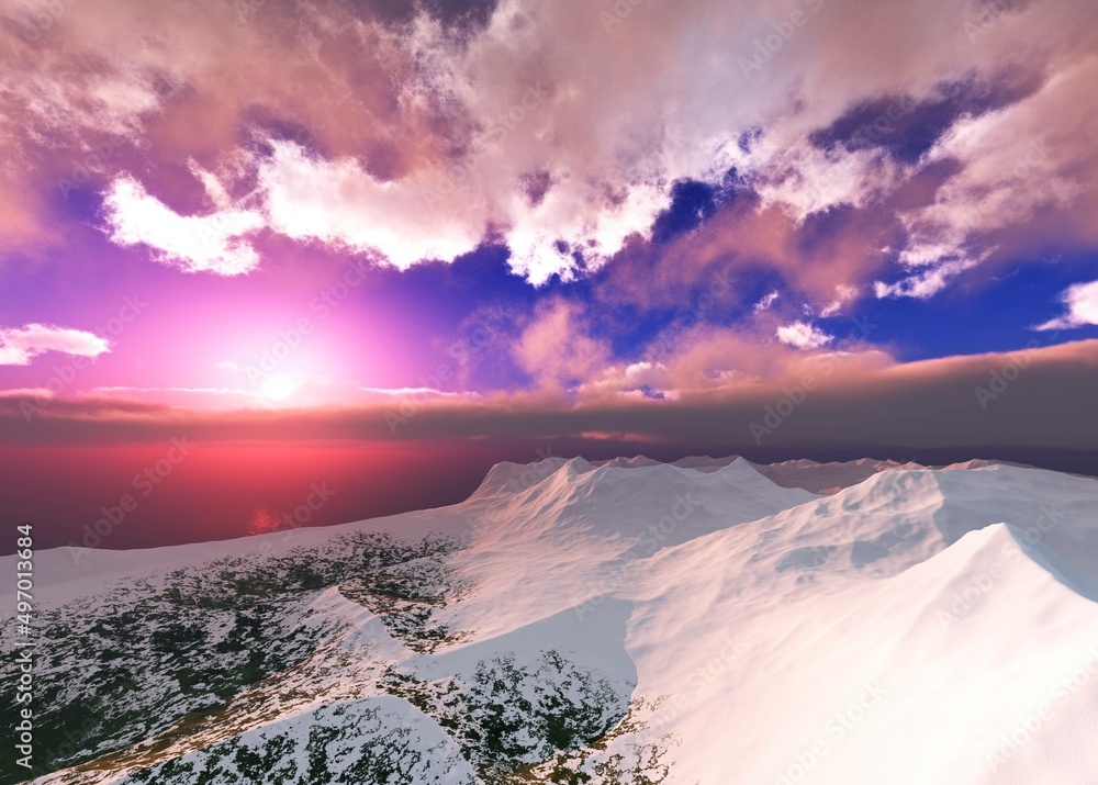 Mountains in the rays of the sun, Panorama of the mountain landscape at sunrise, snowy peaks in the clouds and rays of the sun, 3d rendering