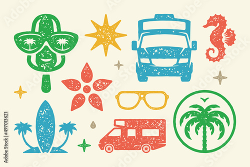 Summer symbols and objects set vector illustration. Seahorse with tropical island and palm trees