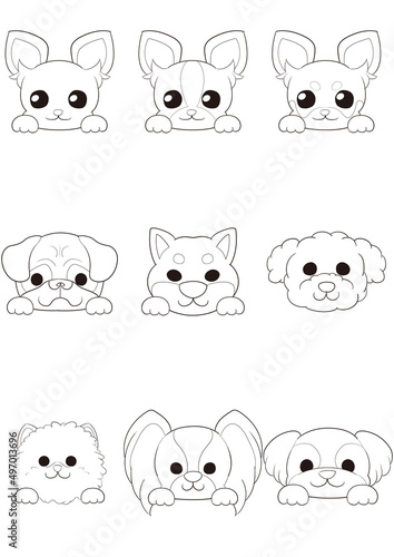 ワンちゃんの正面顏(手つき))7犬種9匹セット)ラインアート