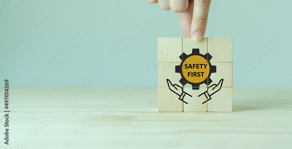 Safety first symbols, work safety, caution work hazards, danger ...