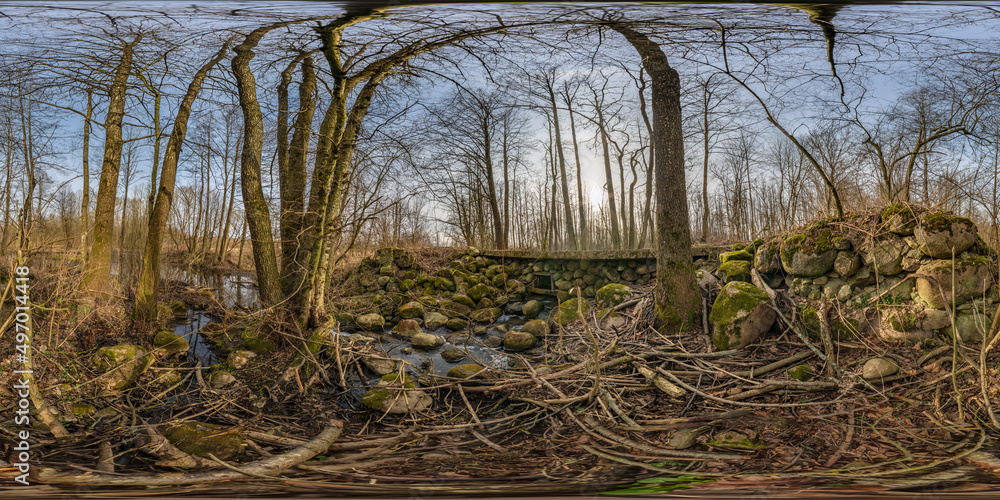 full seamless spherical hdri 360 panorama view near concrete bridge with stones covered with green moss and forest near swamp in equirectangular projection, ready VR AR virtual reality content full seamless spherical hdri 360 panorama view near concrete bridge with stones covered with green moss and forest near swamp in equirectangular projection, ready VR AR virtual reality content