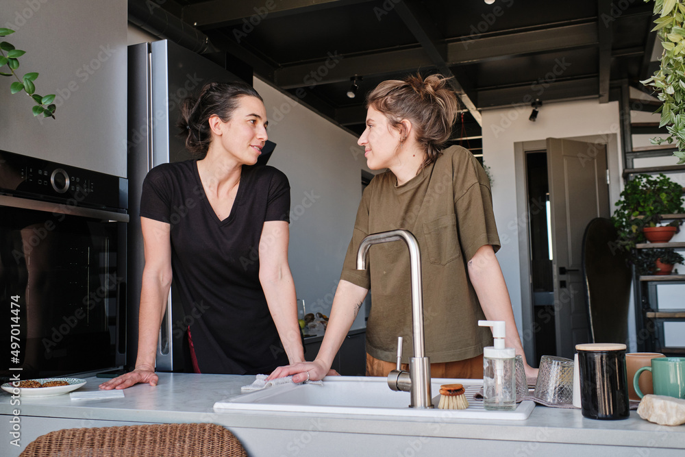 Obraz premium Young lesbian couple looking at each other while standing at table with sink during household in kitchen