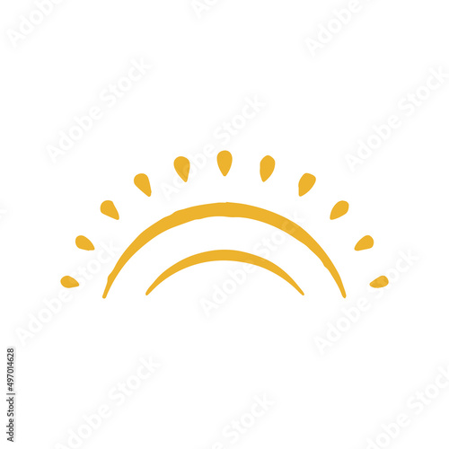 Abstract childish hand drawn sun with shine rays yellow arch shape decorative design grunge texture
