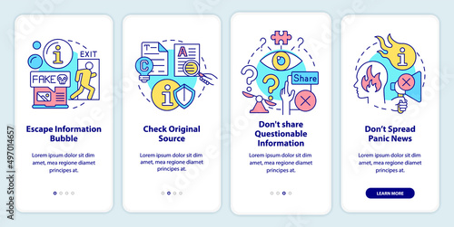 Fighting misinformation onboarding mobile app screen. Walkthrough 4 steps graphic instructions pages with linear concepts. UI, UX, GUI template. Myriad Pro-Bold, Regular fonts used
