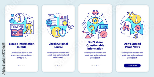 Fighting misinformation onboarding mobile app screen. Walkthrough 4 steps graphic instructions pages with linear concepts. UI, UX, GUI template. Myriad Pro-Bold, Regular fonts used photo