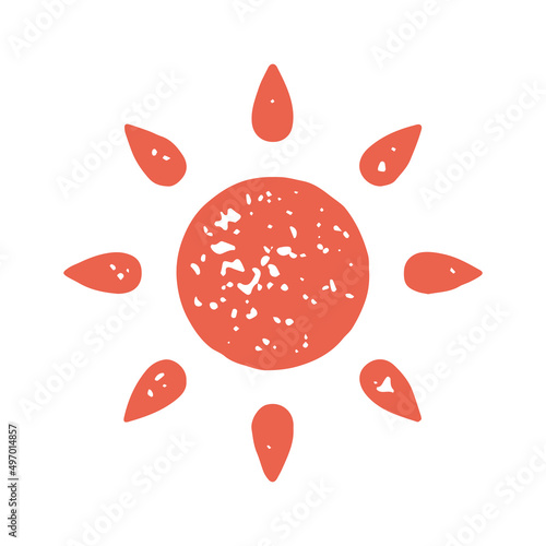 Minimalist red sun with ornamental rays summer vacation symbol grunge texture decorative design