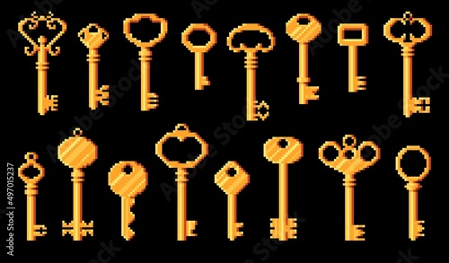 Vintage and modern keys in pixel art, 8bit game vector icons of door keys. 8 bit pixel cubic golden keys from castle door gates for game assets to unlock entrance or level pass