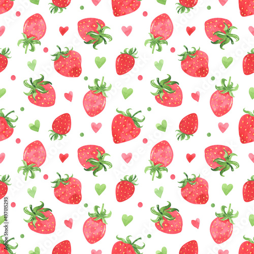 Juicy strawberry watercolor seamless pattern. Bright red berries, green leaves, flowers. Summer botanical illustration. print, background, fabric, digital paper. Summer sweet and bright berries
