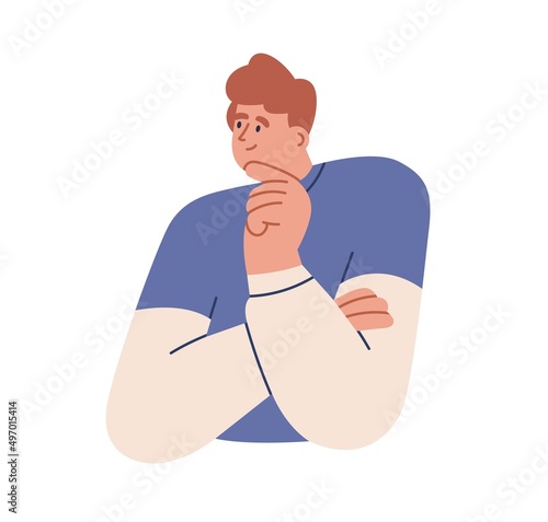 Person thinking, dreaming about idea in mind. Happy inspired thoughtful dreamy man with curious interested face expression, imagining, planning. Flat vector illustration isolated on white background