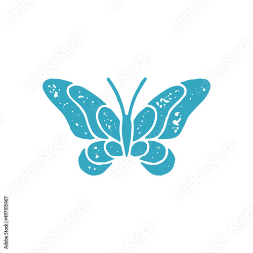 Monochrome blue ornamental butterfly with curved wings and mustache decorative design grunge texture