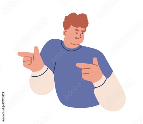 Playful person winking and pointing with fingers. Happy confident seductive man with you gesture. Smiling positive cool guy, seducer hinting. Flat vector illustration isolated on white background