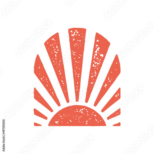 Hand drawn aesthetic bohemian red sun with shine rays curved decorative frame design grunge texture