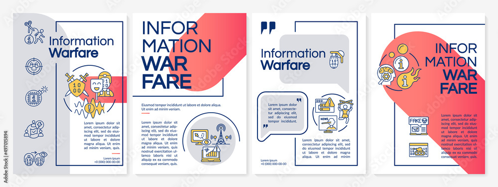 Naklejka premium Information warfare red and grey brochure template. Mislead adversaries. Leaflet design with linear icons. 4 vector layouts for presentation, annual reports. Questrial, Lato-Regular fonts used