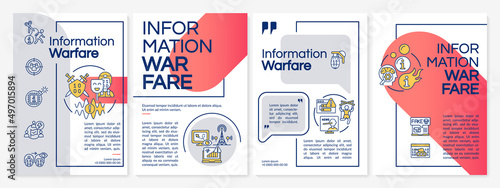 Information warfare red and grey brochure template. Mislead adversaries. Leaflet design with linear icons. 4 vector layouts for presentation, annual reports. Questrial, Lato-Regular fonts used