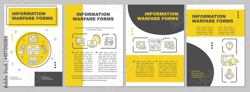 Infomation warfare forms yellow brochure template. Adversary data. Leaflet design with linear icons. 4 vector layouts for presentation, annual reports. Arial-Black, Myriad Pro-Regular fonts used