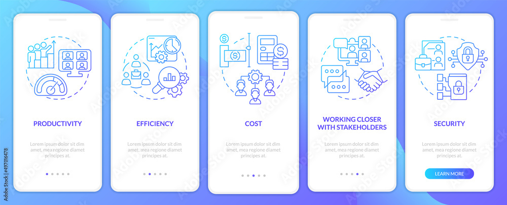 Advantages of telework blue gradient onboarding mobile app screen. Walkthrough 5 steps graphic instructions pages with linear concepts. UI, UX, GUI template. Myriad Pro-Bold, Regular fonts used