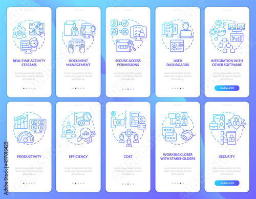 Online workplace blue gradient onboarding mobile app screen set. Walkthrough 5 steps graphic instructions pages with linear concepts. UI, UX, GUI template. Myriad Pro-Bold, Regular fonts used