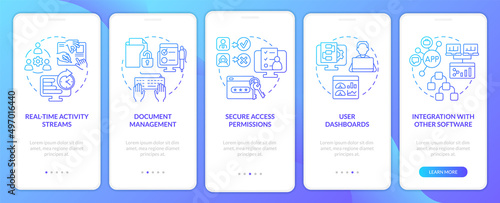 Features of online office blue gradient onboarding mobile app screen. Walkthrough 5 steps graphic instructions pages with linear concepts. UI, UX, GUI template. Myriad Pro-Bold, Regular fonts used