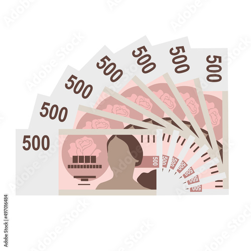 Czech Koruna Vector Illustration. Czech Republic money set bundle banknotes. Paper money 500 CZK. Flat style. Isolated on white background. Simple minimal design.