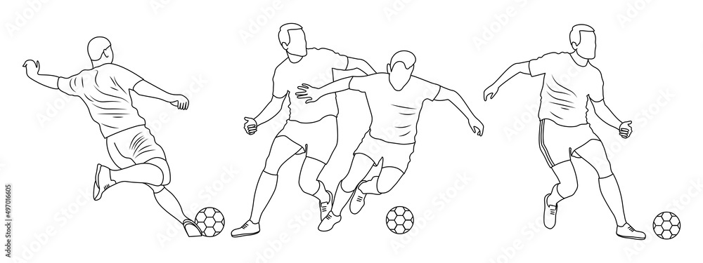 Football player with ball. Set of four line silhuette. Sports football illustration. Stock illustration Football player with ball. Set of four line silhuette. Sports football illustration. Stock illustration