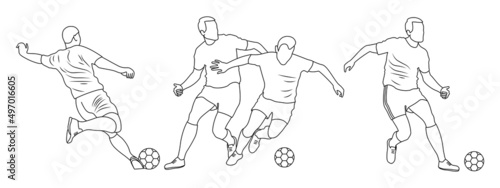 Football player with ball. Set of four line silhuette. Sports football illustration. Stock illustration