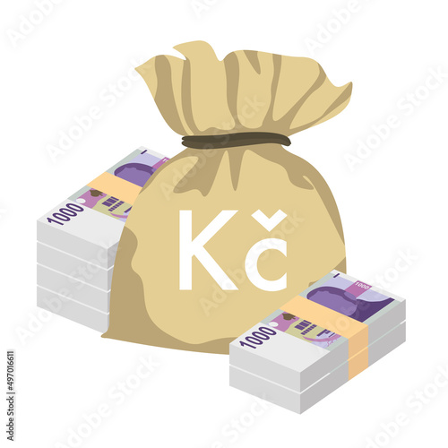 Czech Koruna Vector Illustration. Czech Republic money set bundle banknotes. Money bag 1000 CZK. Flat style. Isolated on white background. Simple minimal design.