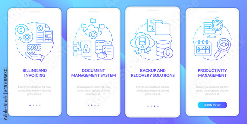 Tools for online workplace blue gradient onboarding mobile app screen. Walkthrough 4 steps graphic instructions pages with linear concepts. UI  UX  GUI template. Myriad Pro-Bold  Regular fonts used