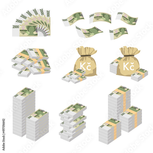 Czech Koruna Vector Illustration. Huge packs of Czech Republic money set bundle banknotes. Bundle with cash bills. Deposit, wealth, accumulation and inheritance. Falling money 2000 CZK