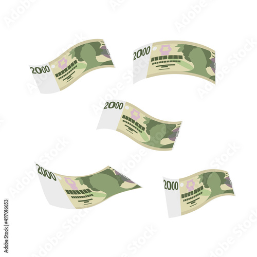 Czech Koruna Vector Illustration. Czech Republic money set bundle banknotes. Falling, flying money 2000 CZK. Flat style. Isolated on white background. Simple minimal design.